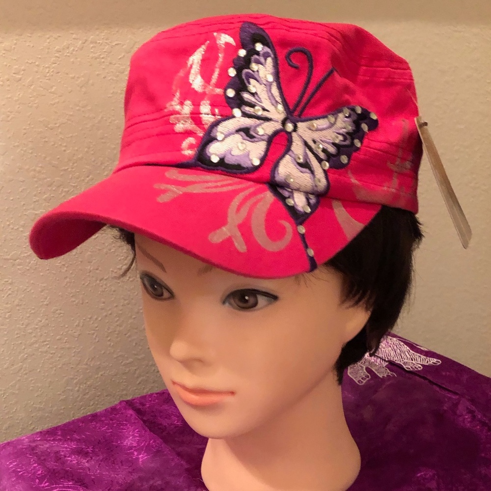 Bling Butterfly Hot Pink Cadet Cap Baseball Hat
